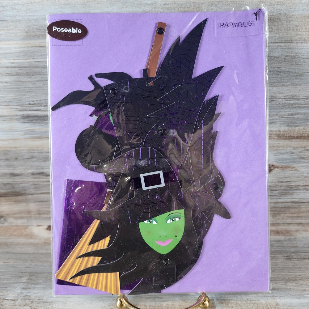 Papyrus Halloween Greeting Card Poseable Green Witch Broomstick Foil Details